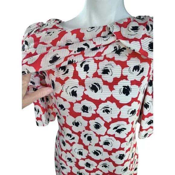 Digna Yero Sakowitz Womens Dress Size 10 Red Blk Wht Puff Sleeves & Draped Yoke - Picture 6 of 16
